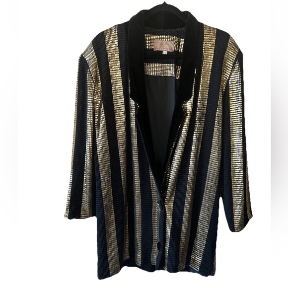 Vintage Brigitte Fashions London Black Gold Jacket Chainmail Velvet L XL - Picture 12 of 15